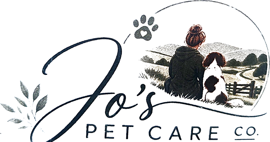 Jo’s Pet Care Co. logo: Jo sitting with a spaniel looking over the countryside